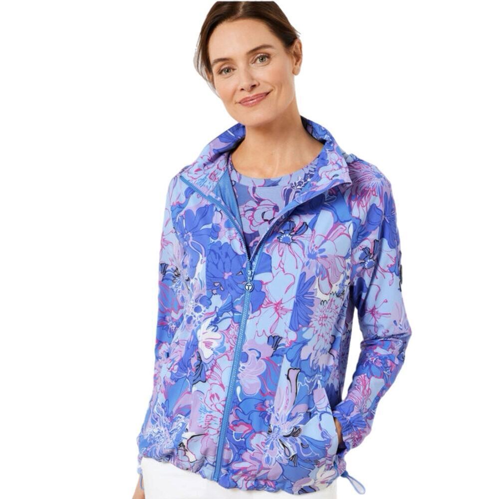 Talbots Lightweight Woven Stretch Bomber Jacket Size L Hooded Expressive Floral